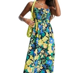 Topshop Poplin Bold Floral Shirred Strappy Midi Dress In Multi